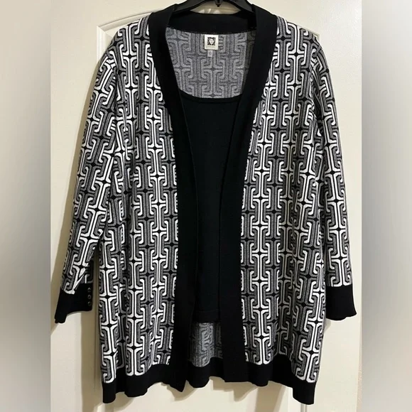 Anne Klein Black White Geometric Pattern Built In Tank Long Cardigan Sweater XL - Picture 1 of 8